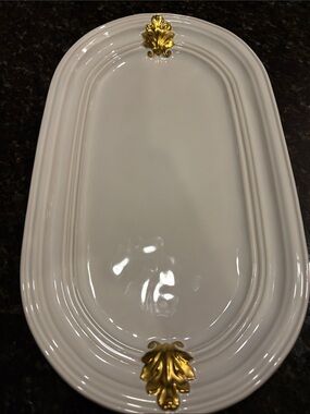 Juliska Gold Acanthus Ceramic Oval Serving Platter with Gold Leaf Embellishments